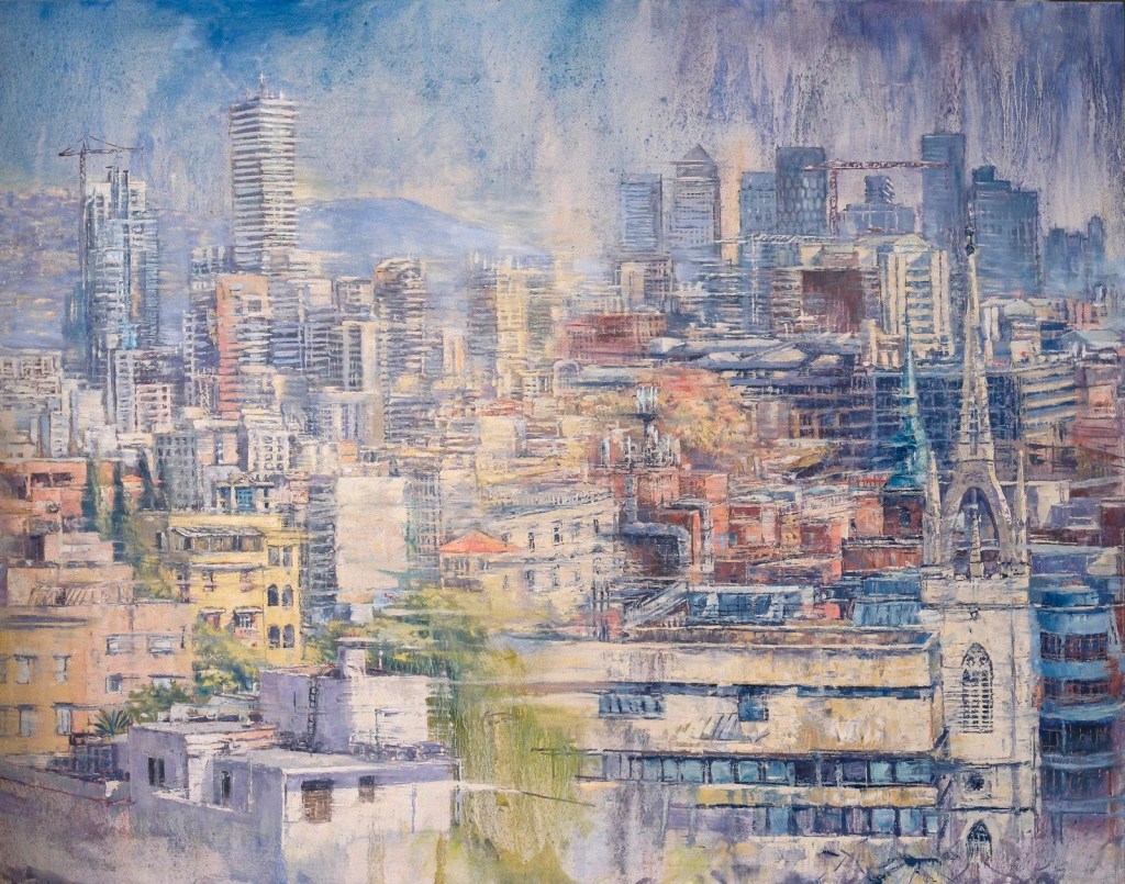 Two cities which have risen from the ashes of destruction: City rooftops and Canary Wharf business district are seen from fhe 'Monument' in the City of London, designed by Sir Christopher Wren to commemorate the Great Fire of London in 1666 which destroyed much of medievil London. Miraculously, the Monument survived the Blitz bombing in World War Two in 1941. From the Monument, the distinctive tower of St. Dunstan-in-the-East is seen, also designed by Wren, which was damaged by bombing in 1941. It's tower survived and there is a garden set in the ruins of its main structure now. Merging into London, a view of Beirut's restored old Downtown rooftops and new towers of Achrafieh-crowned by the 'Skygate' residential tower, a monument to wealth and luxury which rose in the years of affluence from 2000-2018 after the Lebanese Civil War.