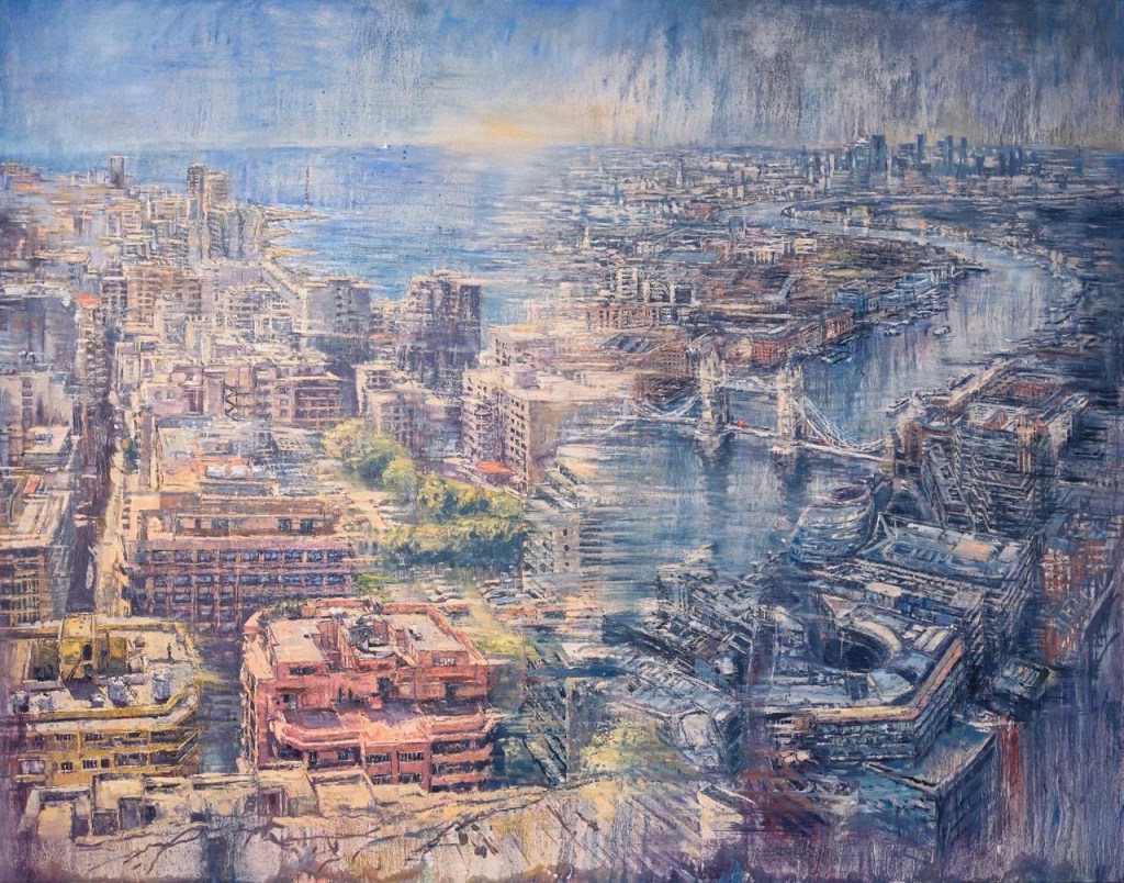 A painting which was made to embrace a shifting identity between two places: Beirut and London. On the left of the composition is a view of Ras Beirut seen from the top of the Holiday Inn, an iconic modernist tower ruined in the Civil War. It has derelict ever since. Young gained access to paint there in 2016 - the only artist to do so. The ground floor is now a base for the Lebanse Army and forbidden for the public to enter. The view of Beirut blurs a view of East London - a view seen from another iconic tower, in London - 'The Shard'. Tom was there to visit the Al Jazeera London Office to discuss the Holiday Inn in Beirut for the series 'War Hotels'. The view looks over the River Thames as it flows 'East'. towards the 'Levant'. Also, the rooftops of Wapping and the Docklands can be seen, where the artist's great grandmother was born and grew up. The two views are linked by the iconic Tower Bridge - which itself is a dual structure.